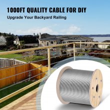 VEVOR Stainless Steel Cable 3/16"x 1000ft, T316 Marine Grade Deck Cable Railing, 1x19 Strands Construction Braided Aircraft Cable for Deck Rail String Lights Hanging Porch Fence DIY Baluster