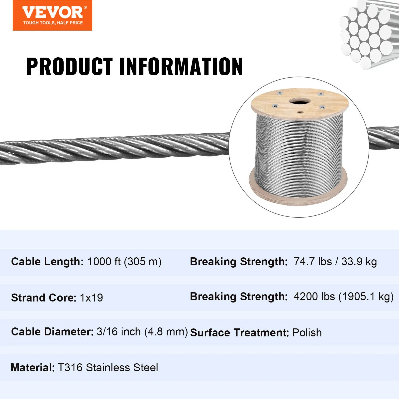 VEVOR stainless steel cable product details: 3/16 inch, 1000 ft, 4200 lbs strength.