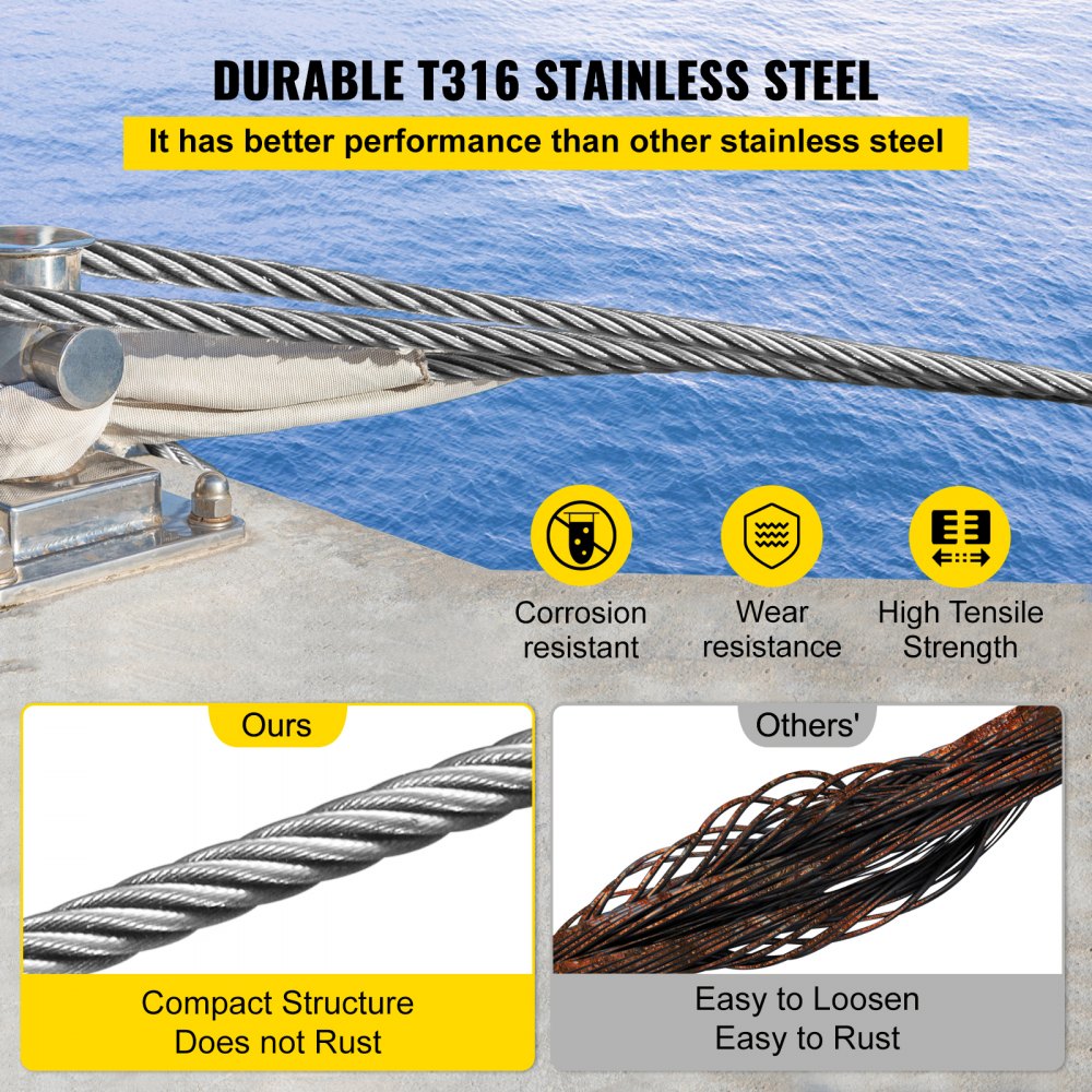 VEVOR 316 Stainless Steel Cable, 500FT Stainless Steel Wire Rope of 5/32 Inch Diameter and 1x19 Construction, 3300 LBS Breaking Strength Steel Cable for Outdoor Railing Decking DIY Balustrade