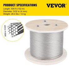 VEVOR 152 m Stainless Steel Cable 1 x 19 Wire Rope 4 mm Diameter T-316 Airline