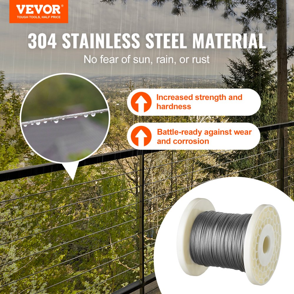 VEVOR 1/16 Wire Rope Kit, 304 Stainless Steel Cable with 80 Sleeves and 20 Thimbles, 7x7 Strands Construction Marine Aircraft Grade for Handrail Decking Garden Fence Clothes Line