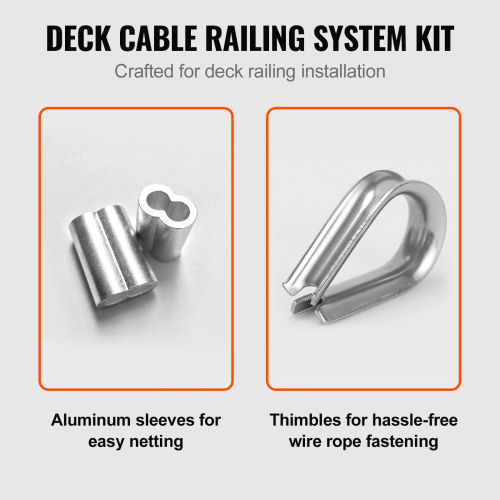 VEVOR 1/16 Wire Rope Kit, 304 Stainless Steel Cable with 80 Sleeves and 20 Thimbles, 7x7 Strands Construction Marine Aircraft Grade for Handrail Decking Garden Fence Clothes Line