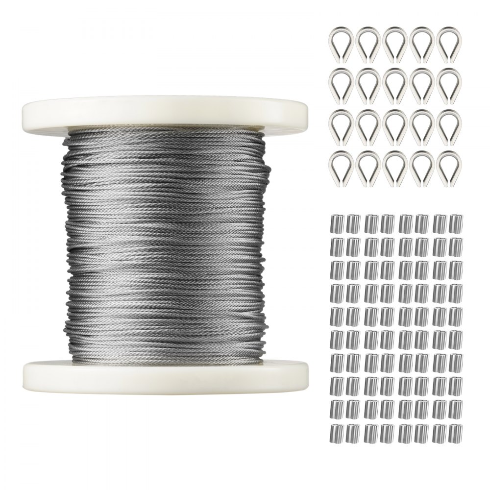 VEVOR 1/16 Wire Rope Kit, 304 Stainless Steel Cable with 80 Sleeves and 20 Thimbles, 7x7 Strands Construction Marine Aircraft Grade for Handrail Decking Garden Fence Clothes Line
