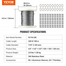 VEVOR 1/16 Wire Rope Kit, 304 Stainless Steel Cable with 80 Sleeves and 20 Thimbles, 7x7 Strands Construction Marine Aircraft Grade for Handrail Decking Garden Fence Clothes Line