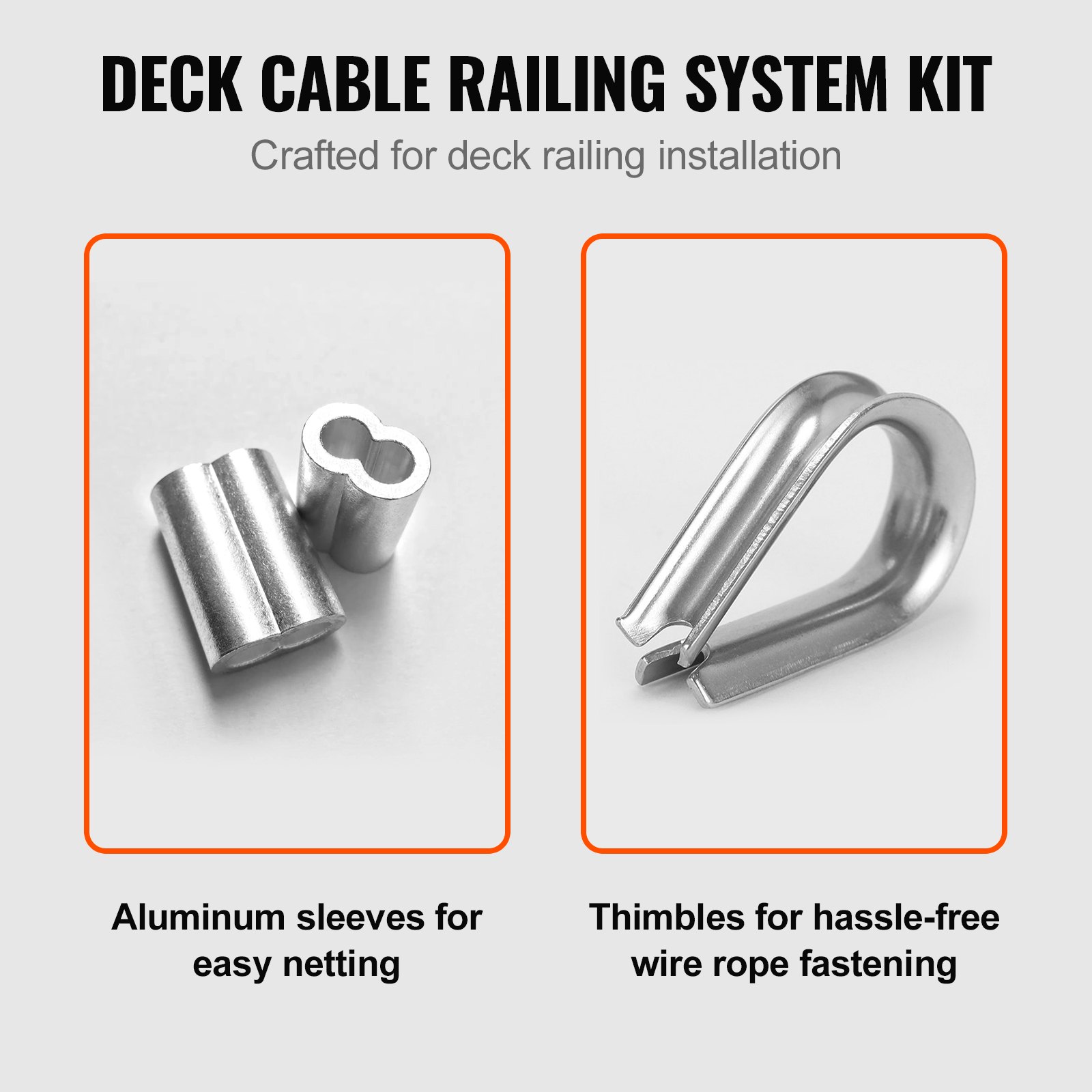 VEVOR 1/16 Wire Rope Kit, 304 Stainless Steel Cable with 80 Sleeves and 20 Thimbles, 7x7 Strands Construction Marine Aircraft Grade for Handrail Decking Garden Fence Clothes Line
