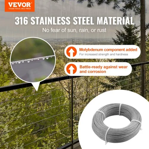 thumbnail image 2 of VEVOR 1/8 T316 Stainless Steel Cable 500FT, 7x7 Flexible Core Cable Railing System Wire Rope 2 of 14