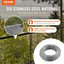 VEVOR T316 Deck Railing Cable, 1/8" Stainless Steel Wire Rope 300 ft with Cutter Kit, 7x7 Strands Construction Marine Aircraft Grade for Handrail Stair Decking Fence Outdoors