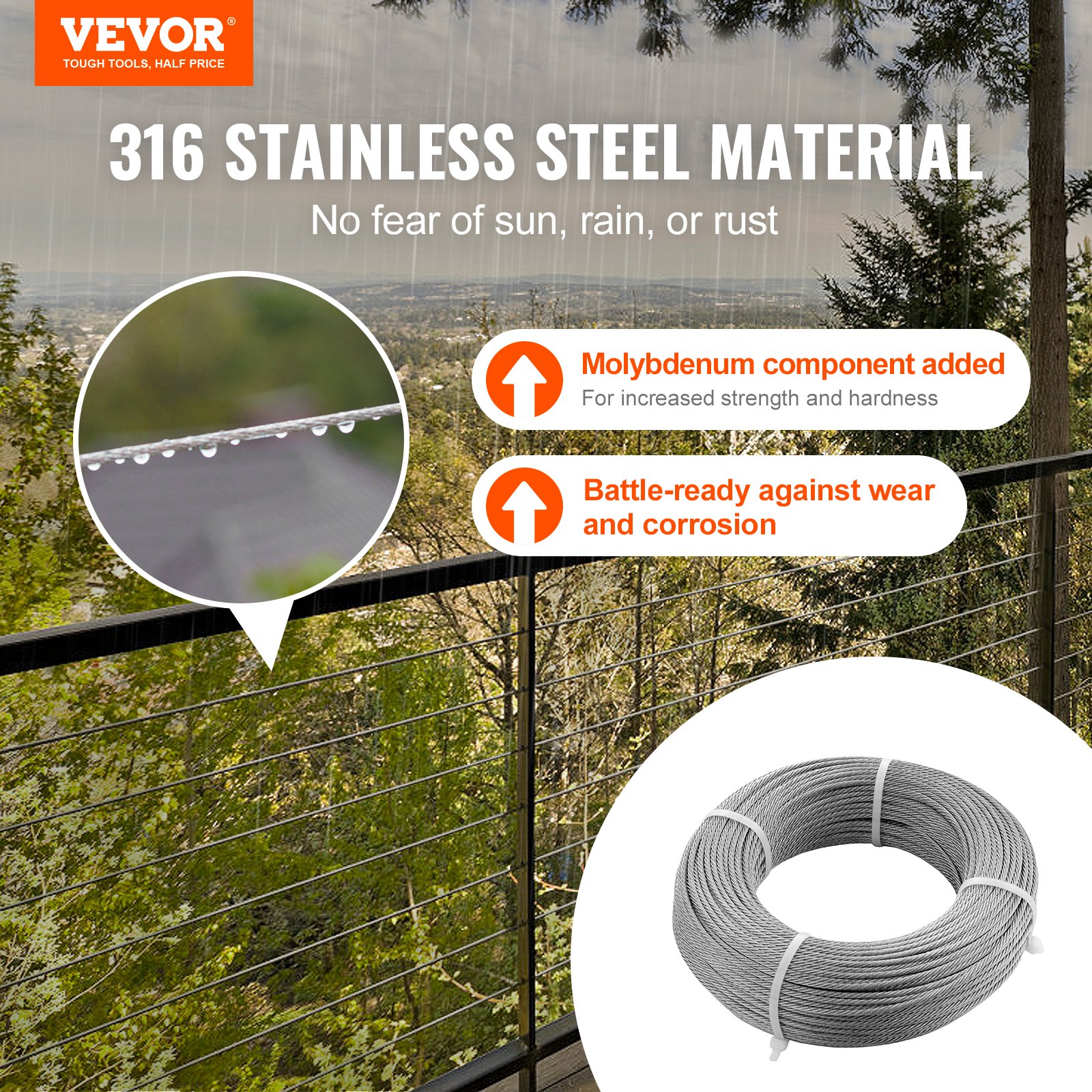VEVOR T316 Deck Railing Cable, 1/8" Stainless Steel Wire Rope 9144 cm with Cutter Kit, 7x7 Strands Construction Marine Aircraft Grade for Handrail Stair Decking Fence Outdoors