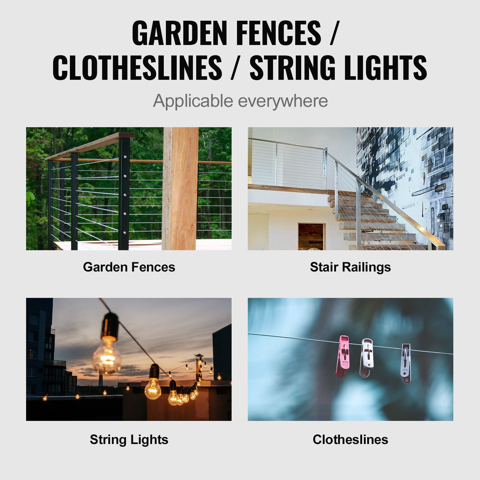 VEVOR T316 Deck Railing Cable, 1/8" Stainless Steel Wire Rope 9144 cm with Cutter Kit, 7x7 Strands Construction Marine Aircraft Grade for Handrail Stair Decking Fence Outdoors