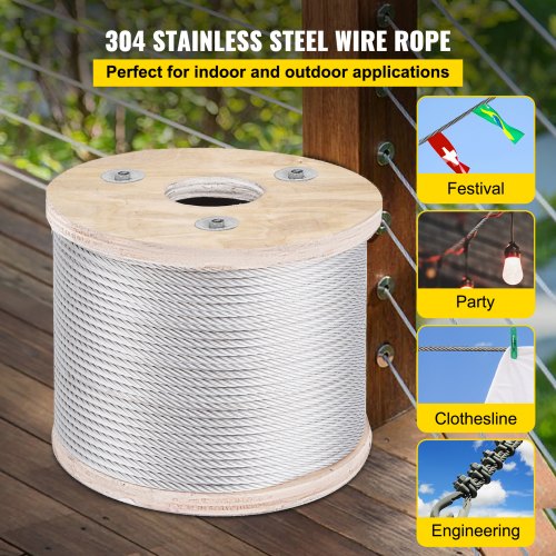 VEVOR 304 Stainless Steel Cable Railing 3/16" x 250ft, Wire Rope 304 Marine Grade, Braided Aircraft Cable 7x19 Strands Construction for Deck,Rail,Balusters,Stair,Handrail,Porch,Fence