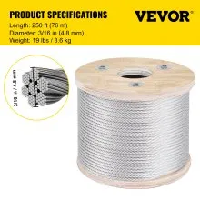 VEVOR 304 Stainless Steel Cable 3/16 Inch 7 X 19 Steel Wire Rope 250Feet Steel Cable for Railing Decking DIY Balustrade