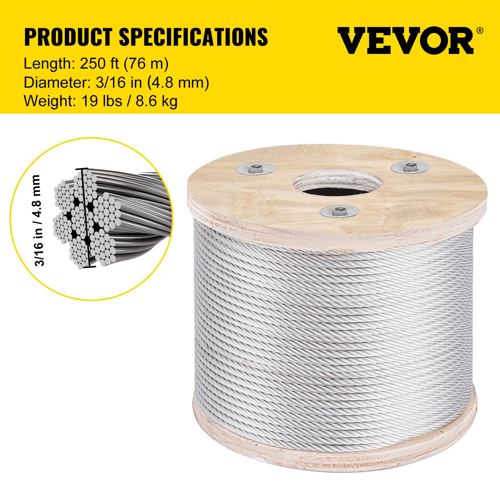 VEVOR 304 Stainless Steel Cable 4.76mm 7 X 19 Steel Wire Rope 7620cm Steel Cable for Railing Decking DIY Balustrade