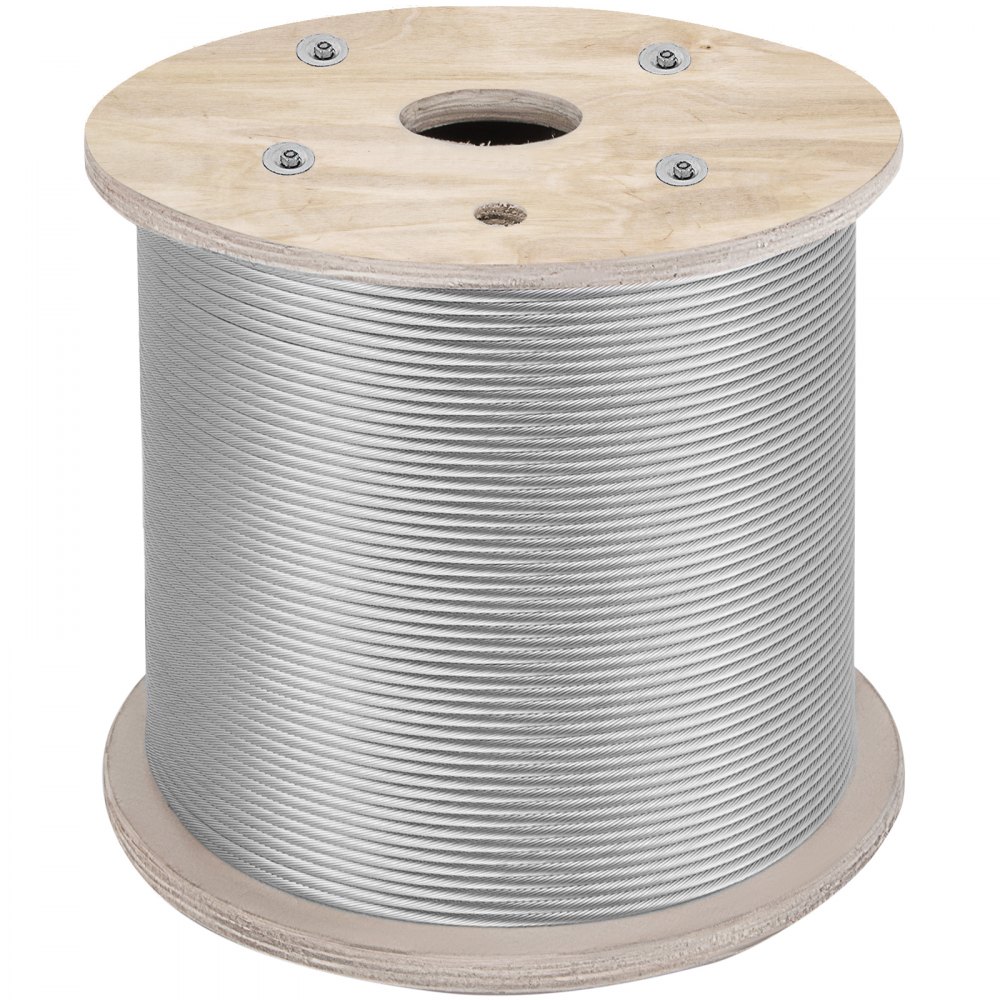 coil of VEVOR stainless steel cable on wooden spool.