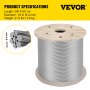 VEVOR stainless steel cable, 200 ft length, 1/4 in diameter, on a wooden spool.