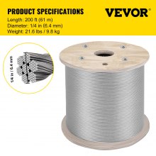 VEVOR 6.4 mm Stainless Steel Cable 61 m, 7 X 19 Steel Wire Rope Marine Grade Braided Aircraft Cable for Deck Rail Balusters Stair Handrail Porch Fence