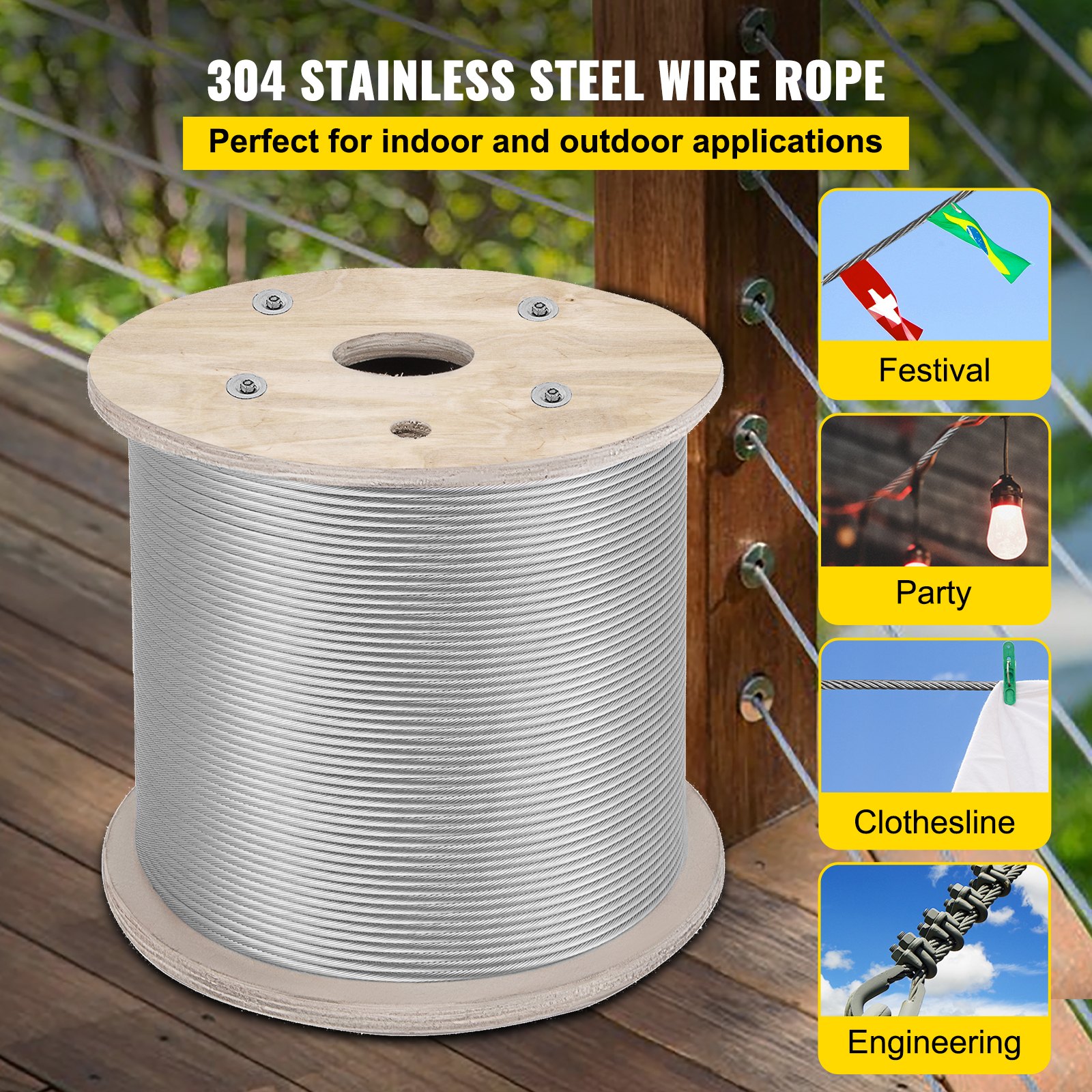 VEVOR 6.4 mm Stainless Steel Cable 61 m, 7 X 19 Steel Wire Rope Marine Grade Braided Aircraft Cable for Deck Rail Balusters Stair Handrail Porch Fence