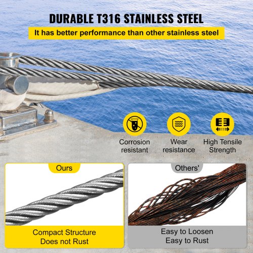VEVOR Stainless Steel Cable Railing 1/8"x 100ft, Wire Rope 316 Marine Grade, Braided Aircraft Cable 7x7 Strands Construction for Deck,Rail,Balusters,Stair,Handrail,Porch,Fence