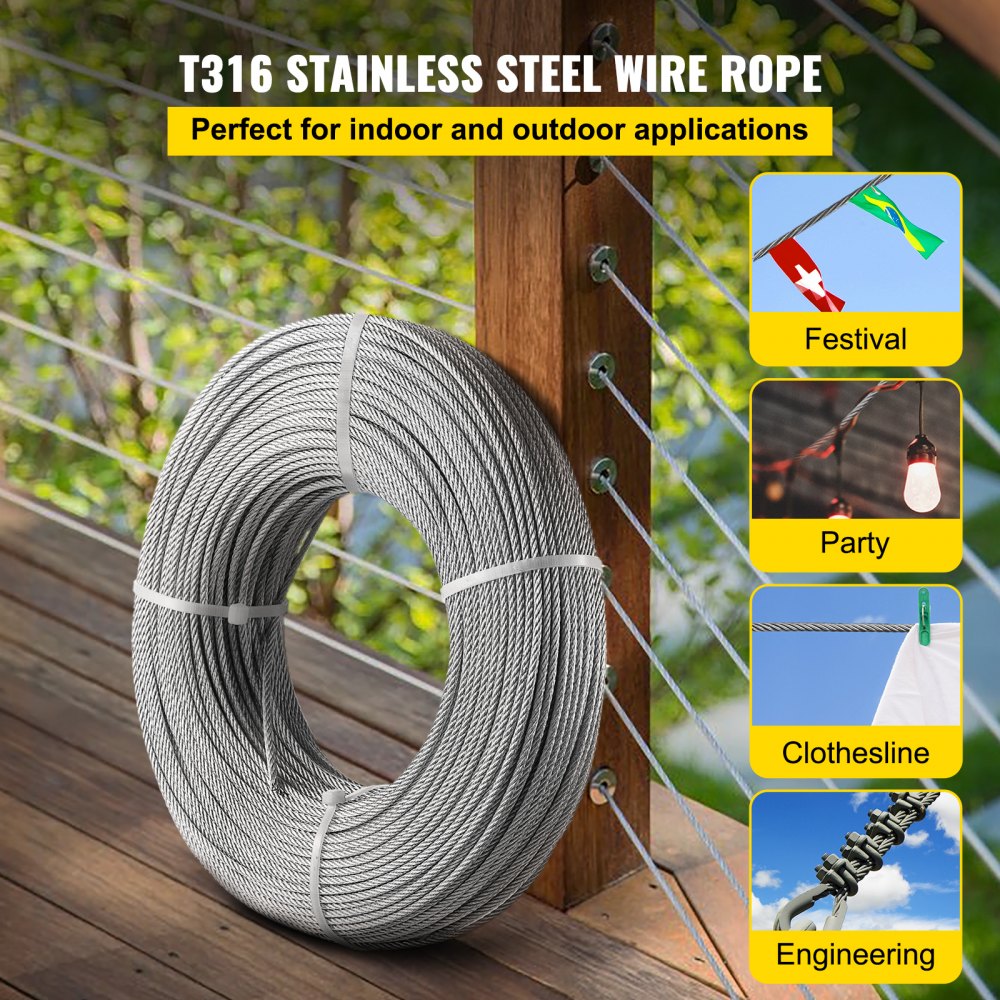 VEVOR Stainless Steel Cable Railing 1/8x 100ft, Wire Rope 316 Marine  Grade, Braided Aircraft Cable 7x7 Strands Construction for