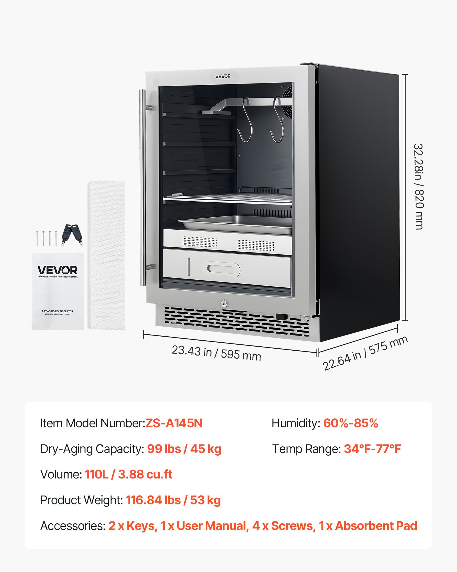 VEVOR 45 KG Dry Aging Fridge for Steaks, Dry Ager Refrigerator for Meat with Precise Temperature & Humidity Control, Freestanding & Under Counter Beef Aging Machine for Home Kitchen Restaurant Hotel