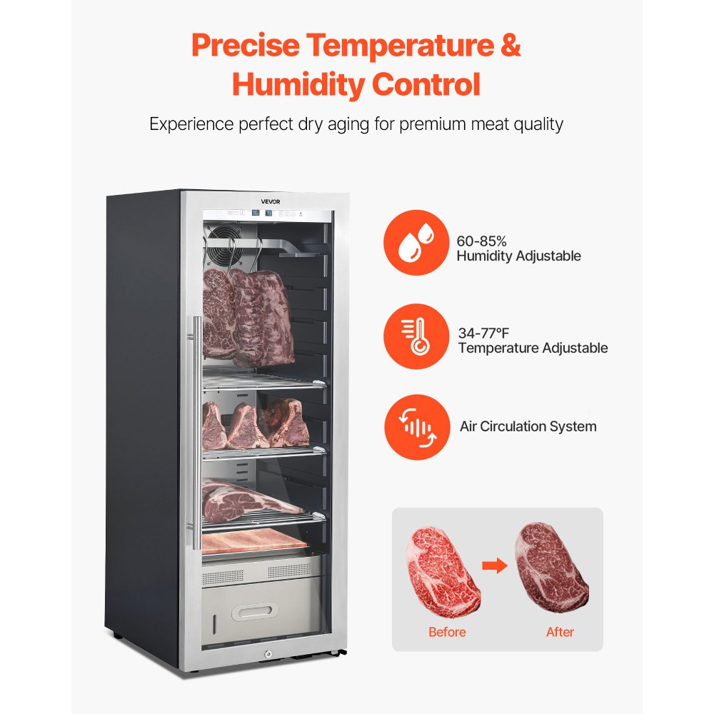 VEVOR 232 LBS Dry Aging Fridge for Steaks, Dry Ager Refrigerator for Meat with Precise Temperature & Humidity Control, Freestanding Beef Aging Machine Refrigerator, Himalayan Salt Not Included