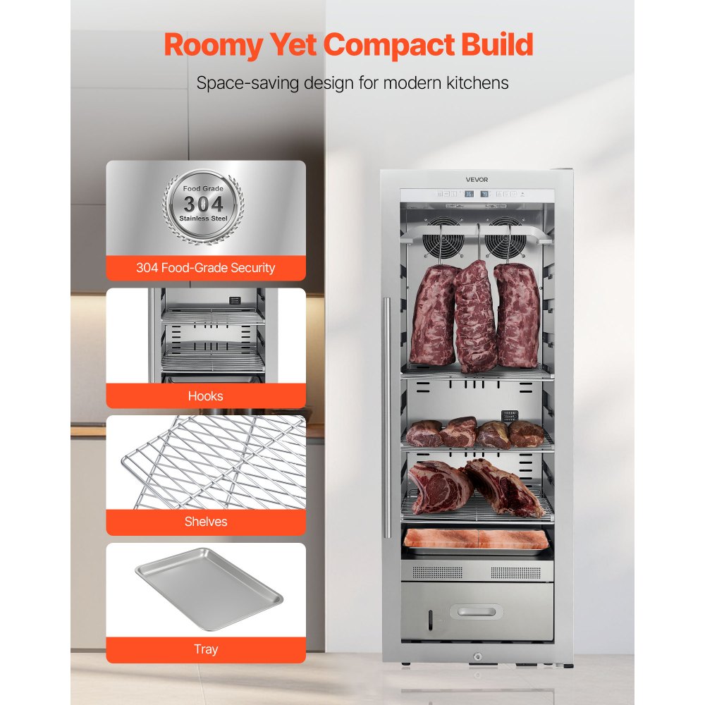 VEVOR 232 LBS Dry Aging Fridge for Steaks, Dry Ager Refrigerator for Meat with Precise Temperature & Humidity Control, Freestanding Beef Aging Machine Refrigerator, Himalayan Salt Not Included