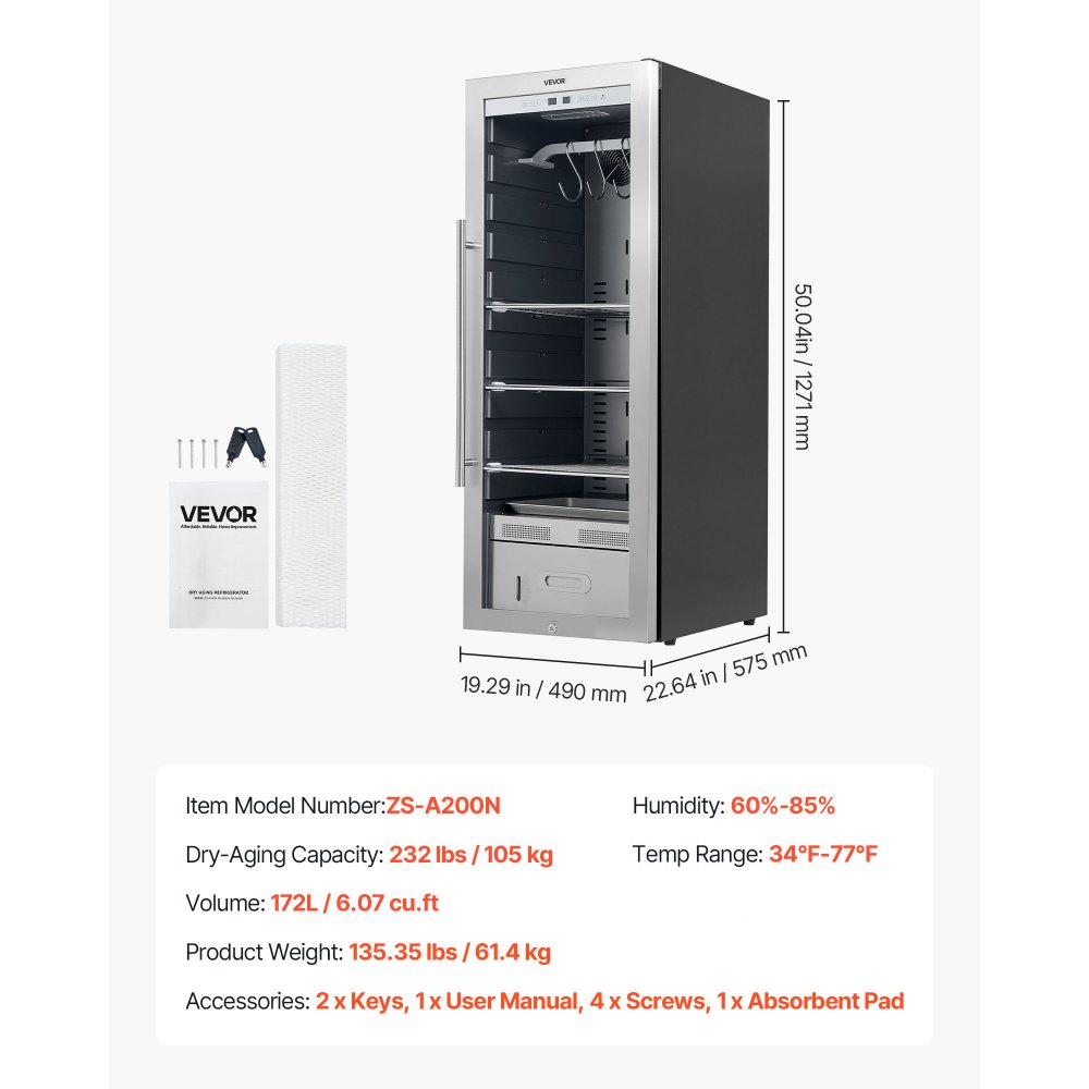 VEVOR 232 LBS Dry Aging Fridge for Steaks, Dry Ager Refrigerator for Meat with Precise Temperature & Humidity Control, Freestanding Beef Aging Machine Refrigerator, Himalayan Salt Not Included