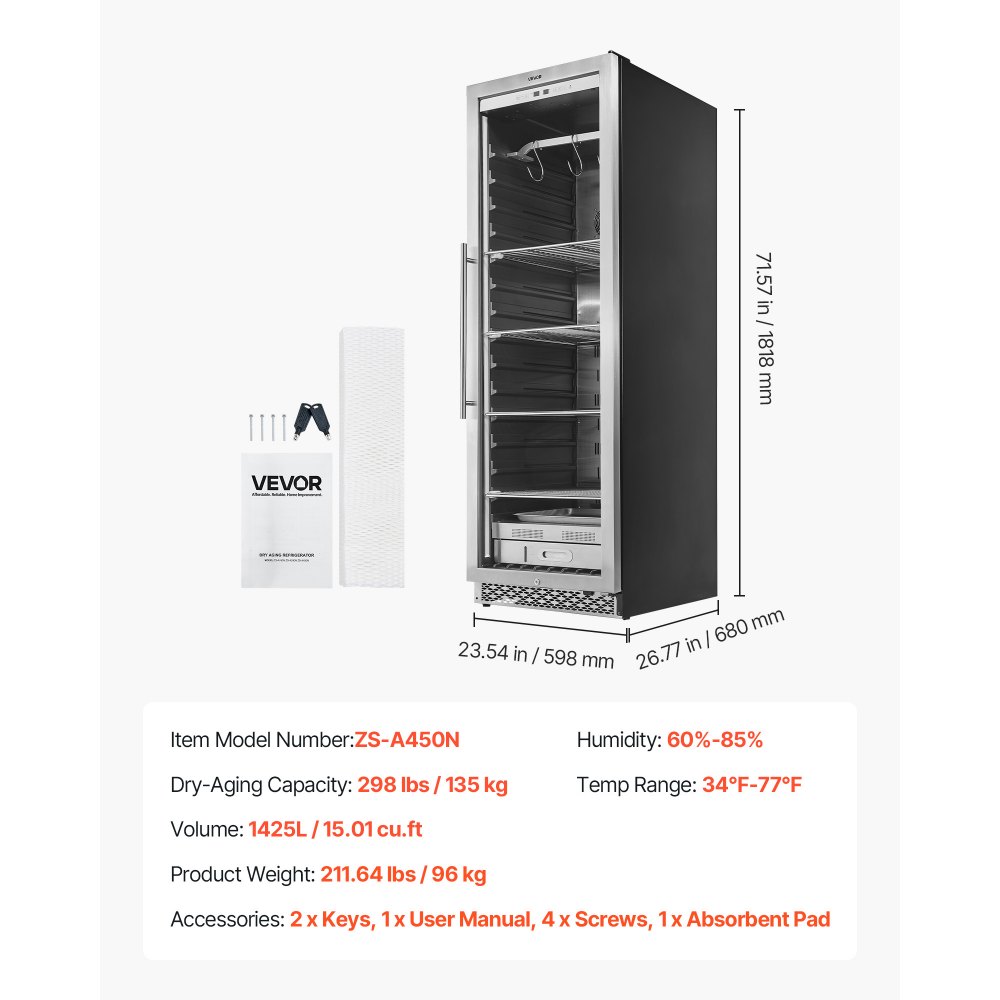 VEVOR 298 LBS Dry Aging Fridge for Steaks, Dry Ager Refrigerator for Meat with Precise Temperature & Humidity Control, Freestanding & Built-in Beef Aging Machine for Home Kitchen Restaurant Hotel