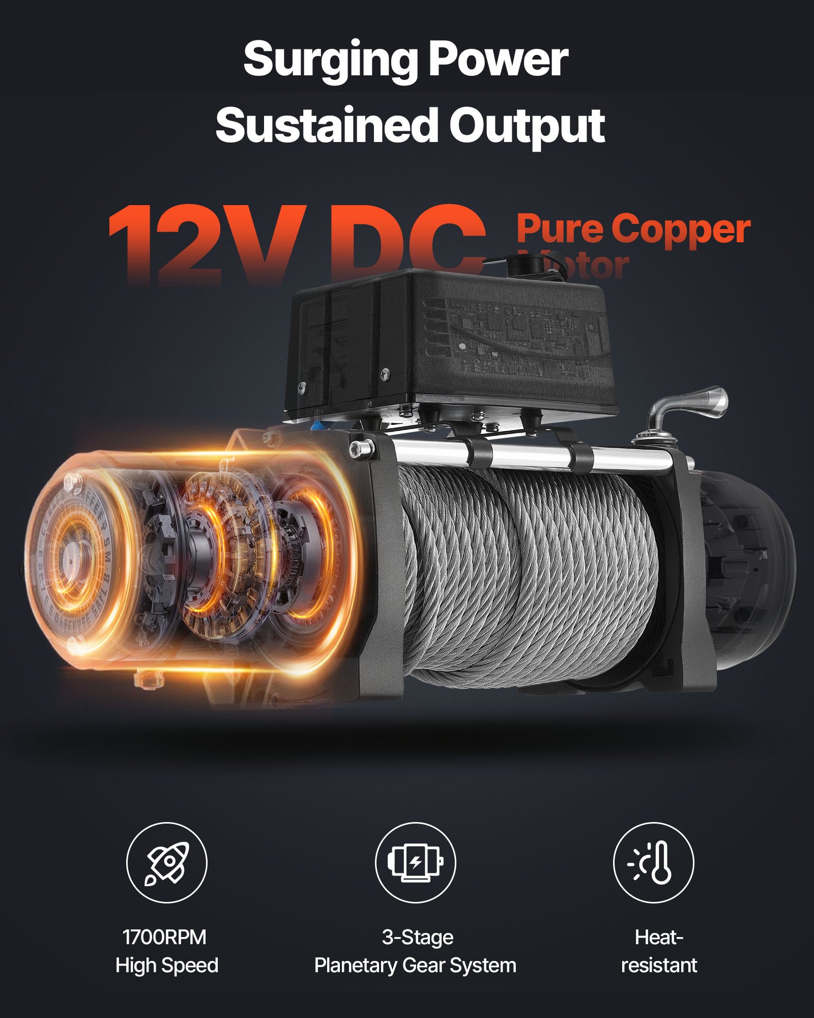 VEVOR Electric Winch, 5400 kg Load Capacity, 12V DC Truck Winch with Φ9.1 mm x 26 m Steel Rope, Wireless & Wired Remote Control, Suitable for Towing SUV Jeep Trailer Boat Off-Road Vehicle