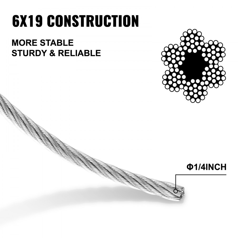 Fiber Core Winch Cable 1/4" X 50' With Self Locking Hook 2200 Lbs Wire Rope