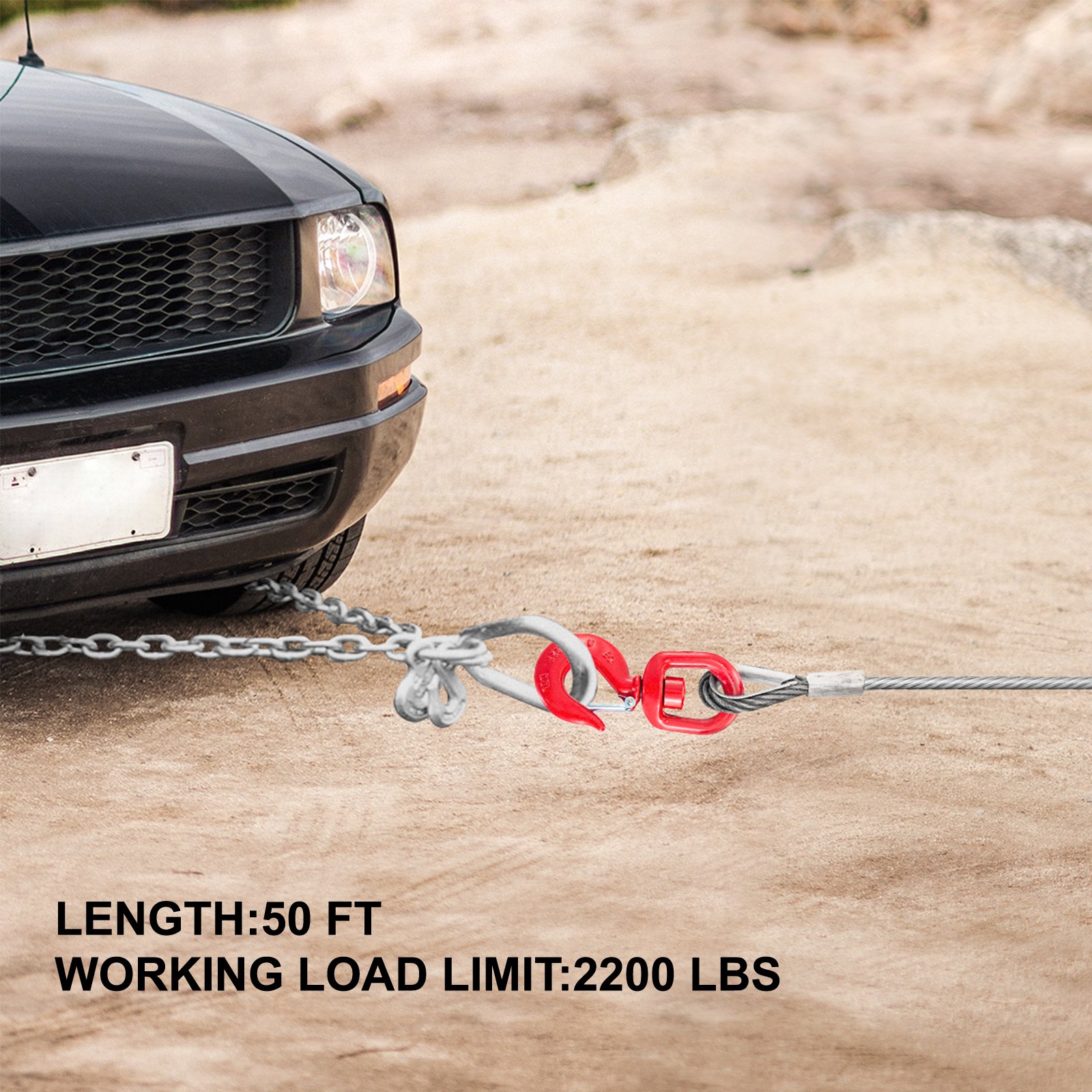 Fiber Core Winch Cable 1/4" X 50' With Self Locking Hook 2200 Lbs Wire Rope