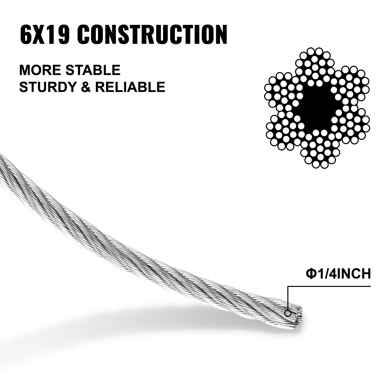 Fiber Core Winch Cable 1/4" X 50' With Self Locking Hook 2200 Lbs Wire Rope