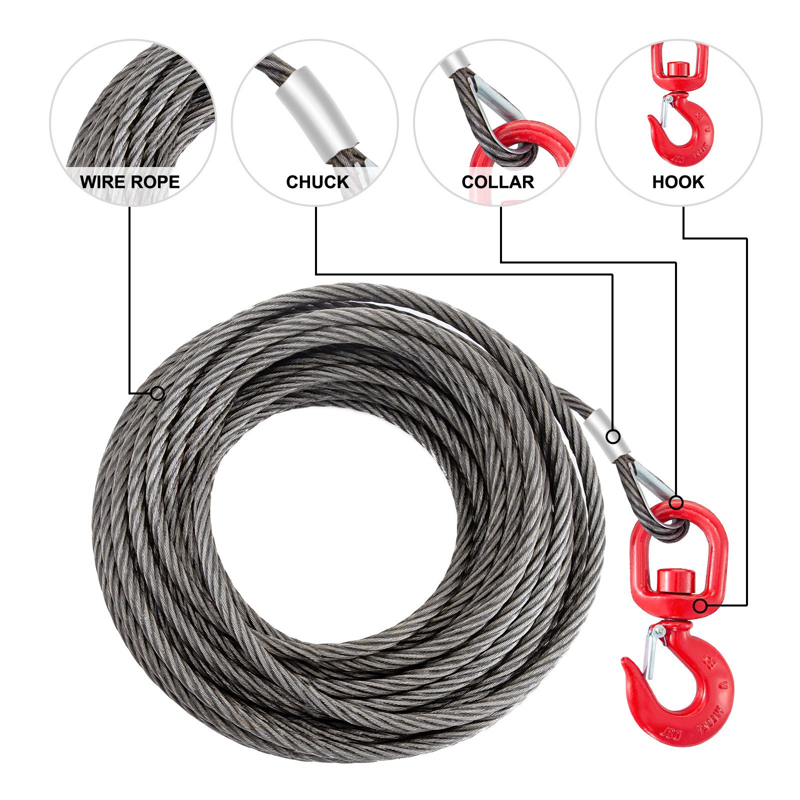 Fiber Core Winch Cable 1/4" X 50' With Self Locking Hook 2200 Lbs Wire Rope