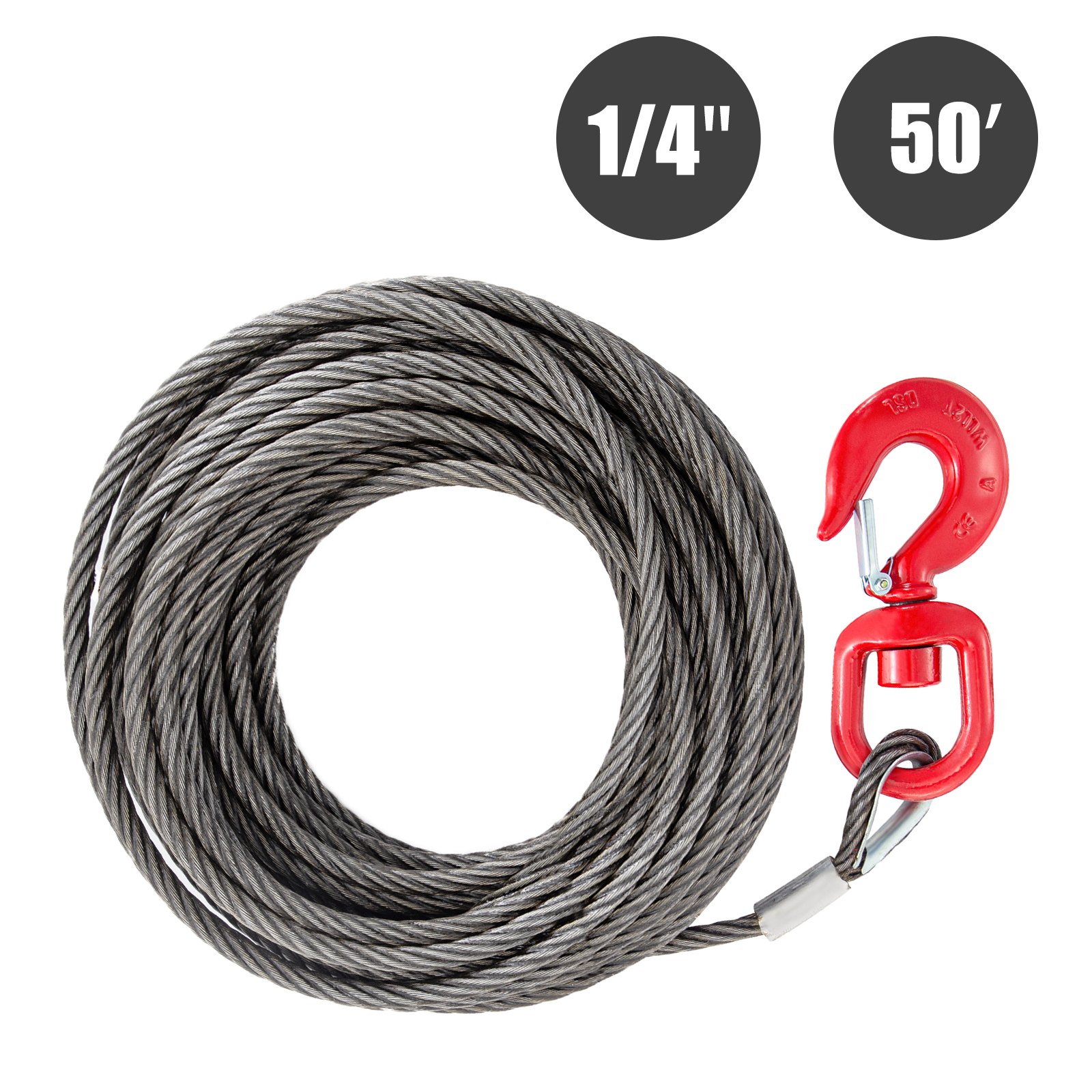 Fiber Core Winch Cable 1/4" X 50' With Self Locking Hook 2200 Lbs Wire Rope