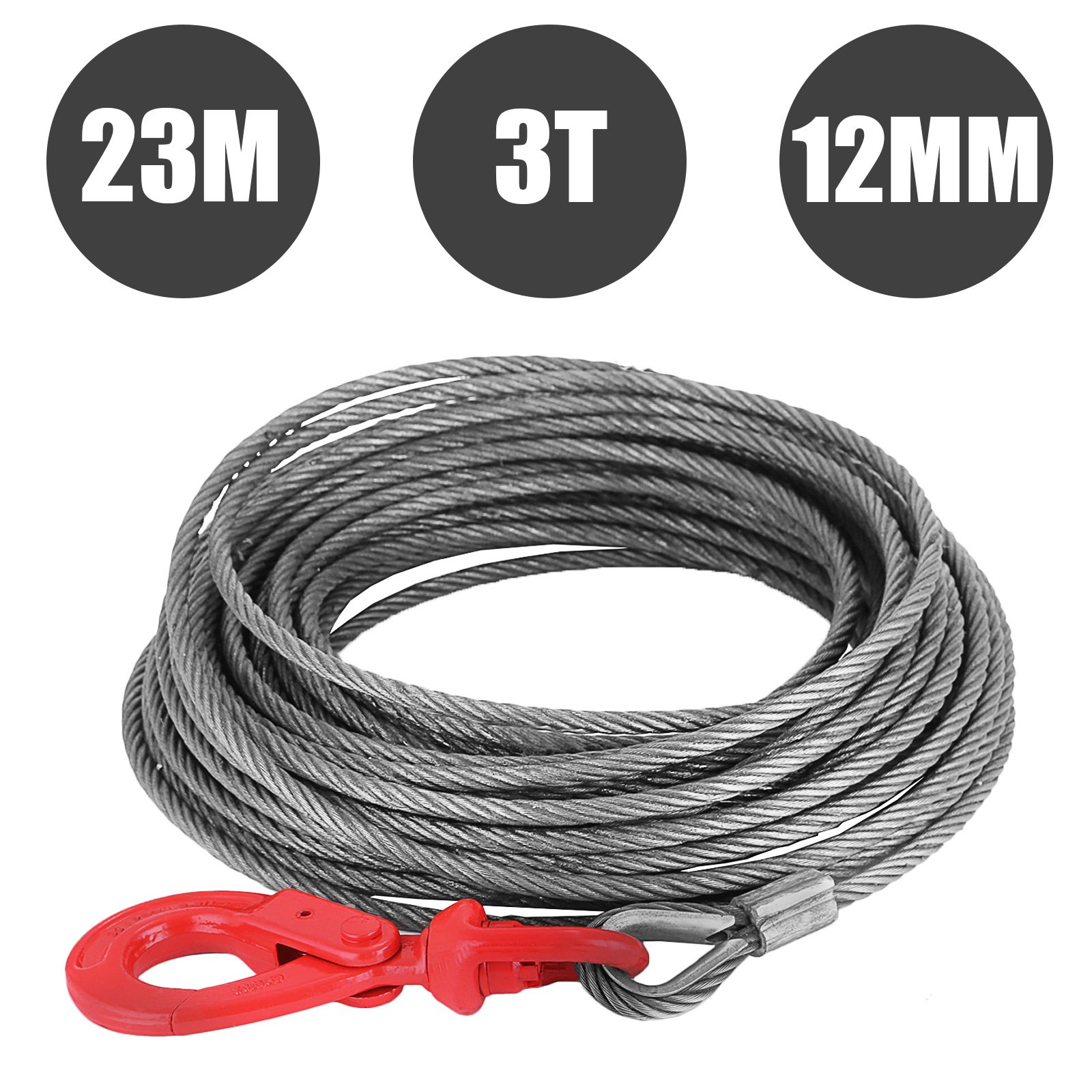 1/2" X 75' Winch Cable With Self Locking Swivel Hook 6600lbs Replacement Hoist