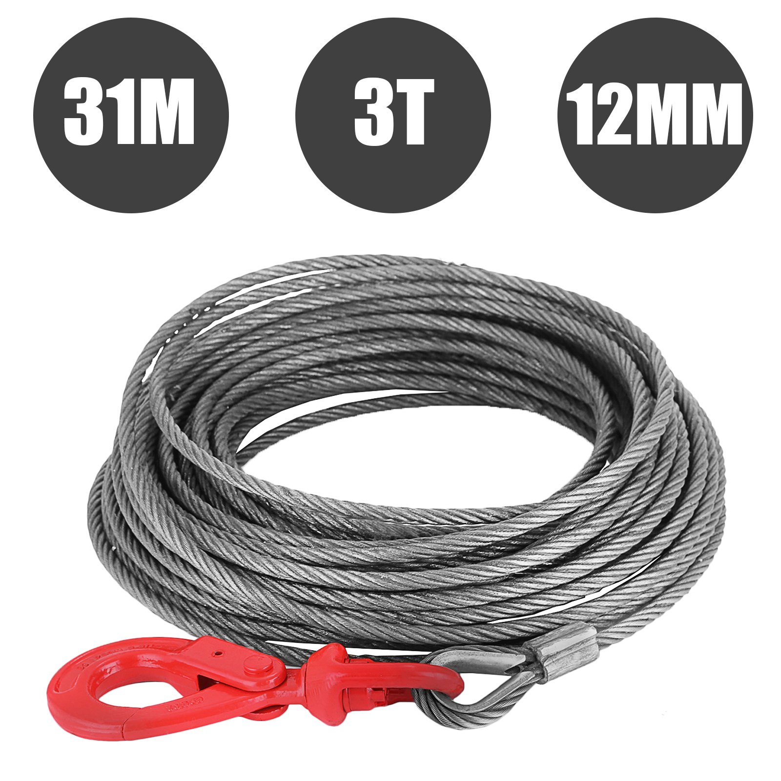 Fiber Core Winch Cable 1/2" X 100' With Self Locking Swivel Hook High Strength