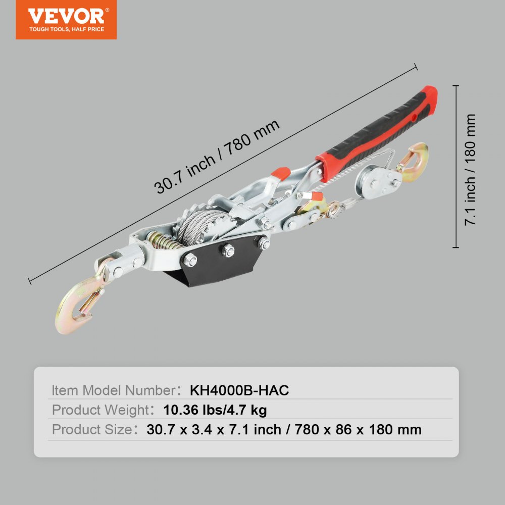 VEVOR Come Along Winch, 4 Ton (8,818 lbs) Pulling Capacity, 10 ft Steel Cable, 3 Hooks, Heavy Duty Ratchet Power Puller Tool with Dual Gears, Automotive Hoist Cable Puller Ideal for Vehicle Rescue