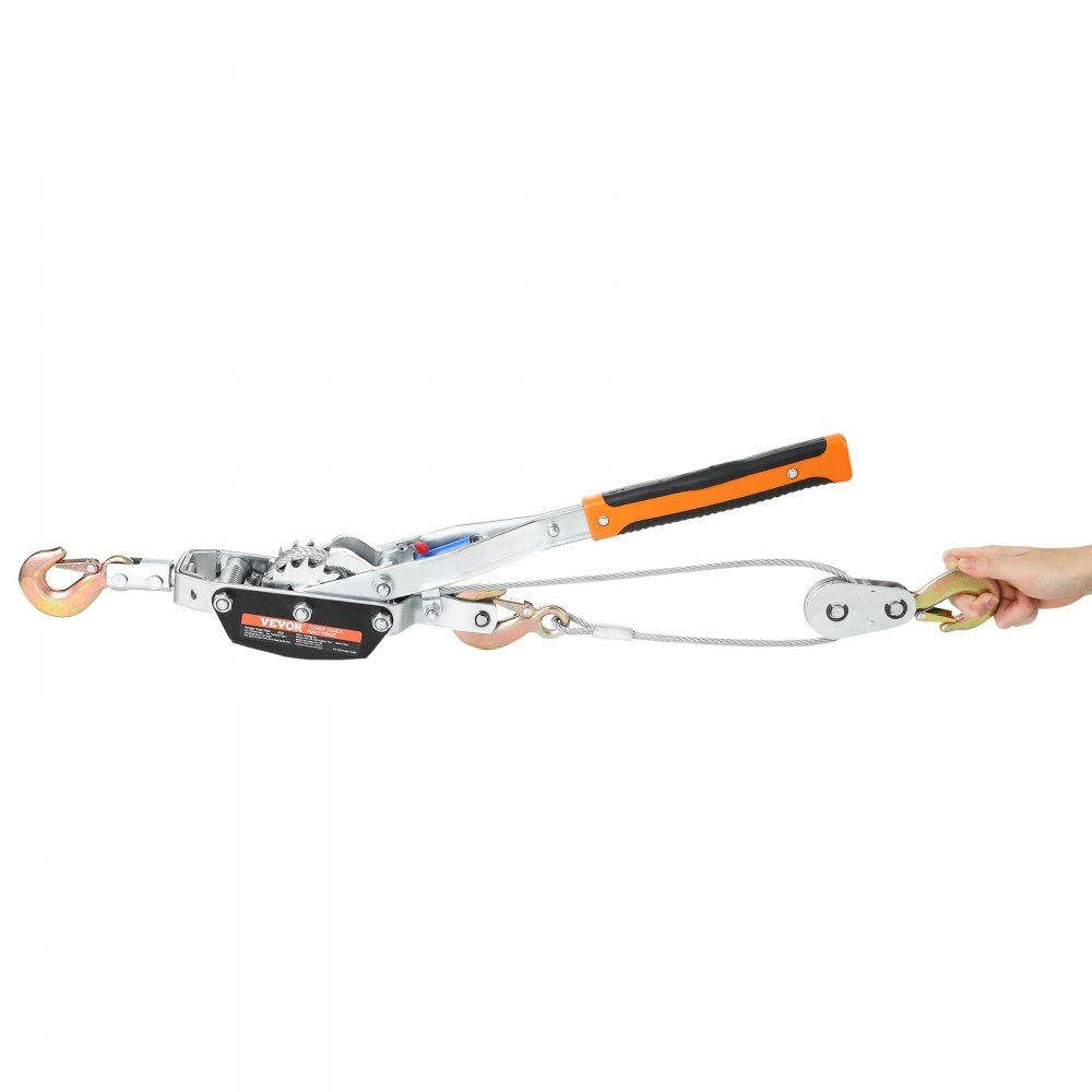 VEVOR come along winch with orange, black handle and two hooks pulling on a steel cable.