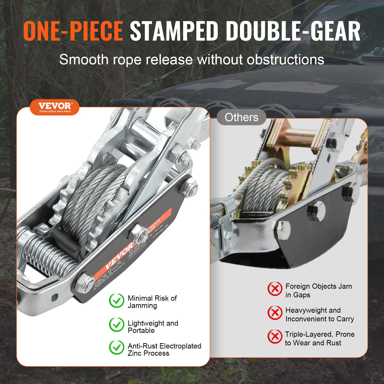 VEVOR one-piece stamped double-gear with smooth rope release and minimal jamming risk.