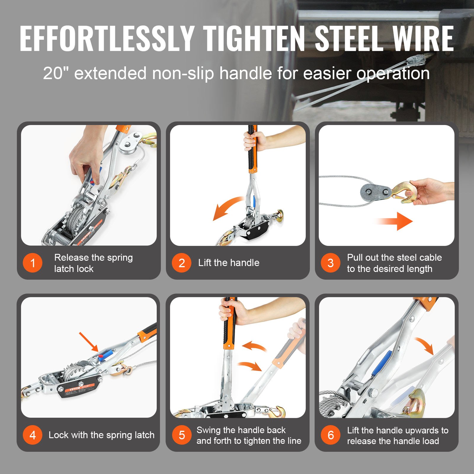 VEVOR come along winch: 6-step guide to tighten steel wire with extended non-slip handle.