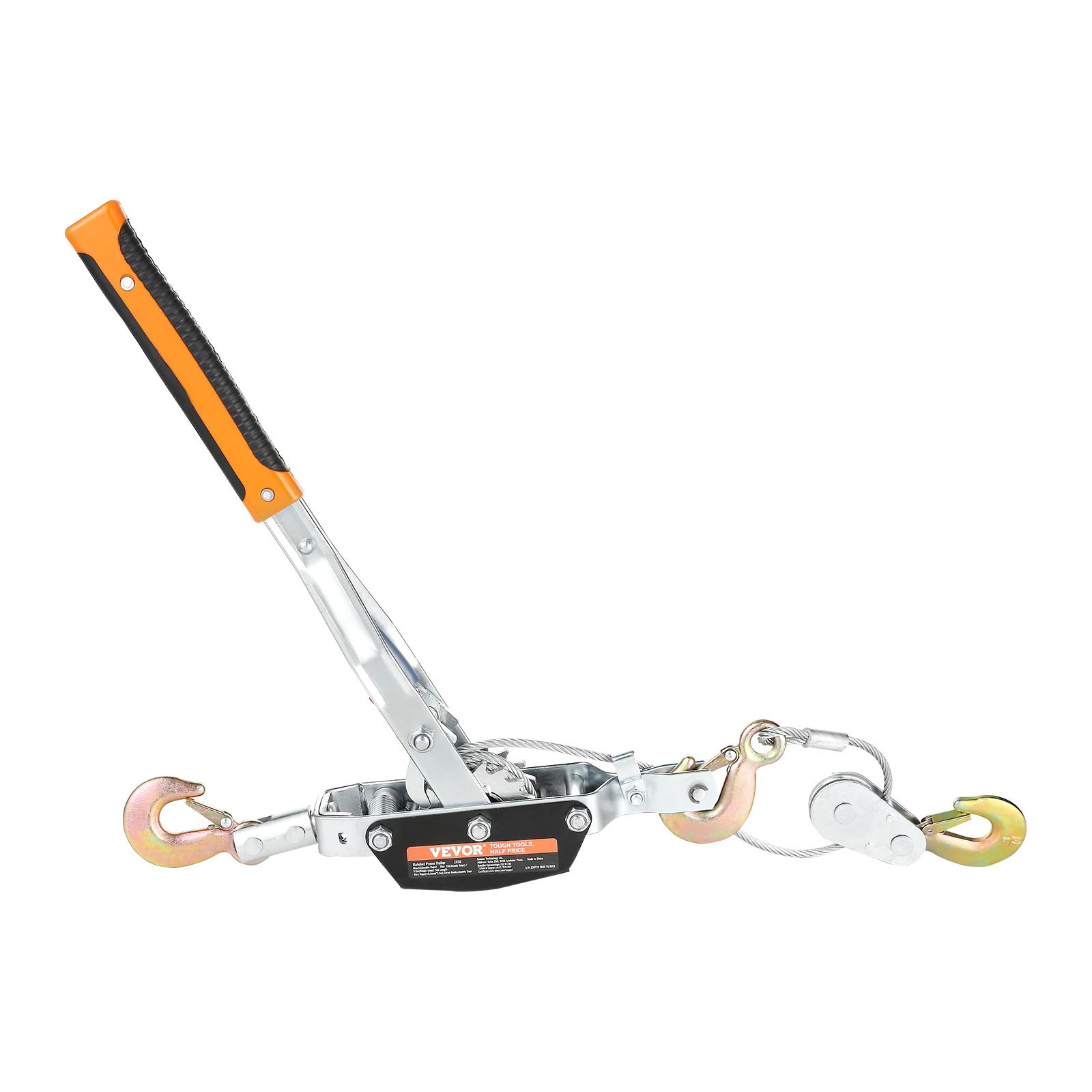 VEVOR come along winch with orange handle and dual hooks for heavy-duty lifting and pulling.
