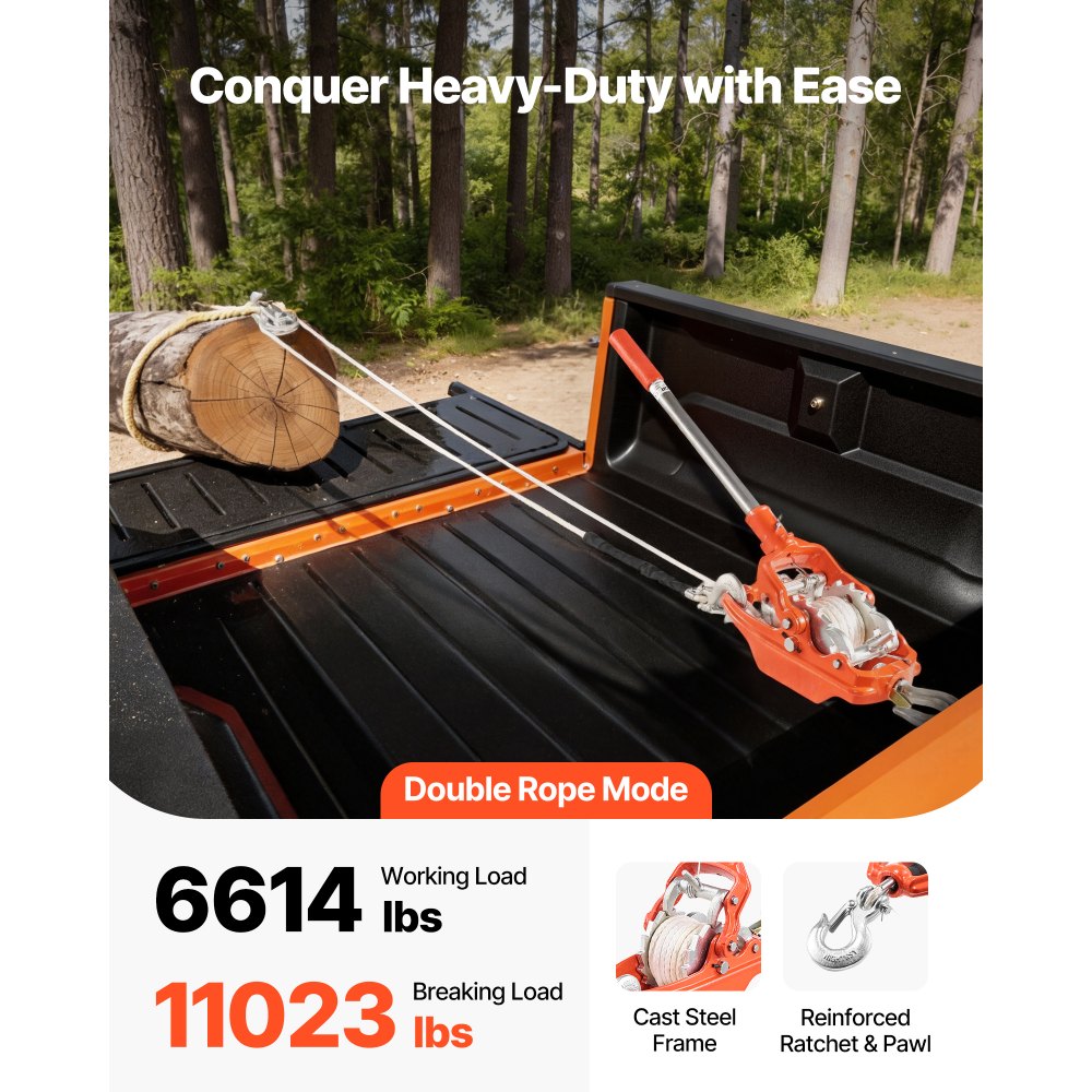 VEVOR Rope Puller, 3 Ton Pulling Capacity, Heavy Duty Ratchet Power Puller Tool with 10.7 m of 8 mm Diameter Rope and 2 Hooks, Come Along Winch for Tree Felling, Moving Boats, Road Recovery