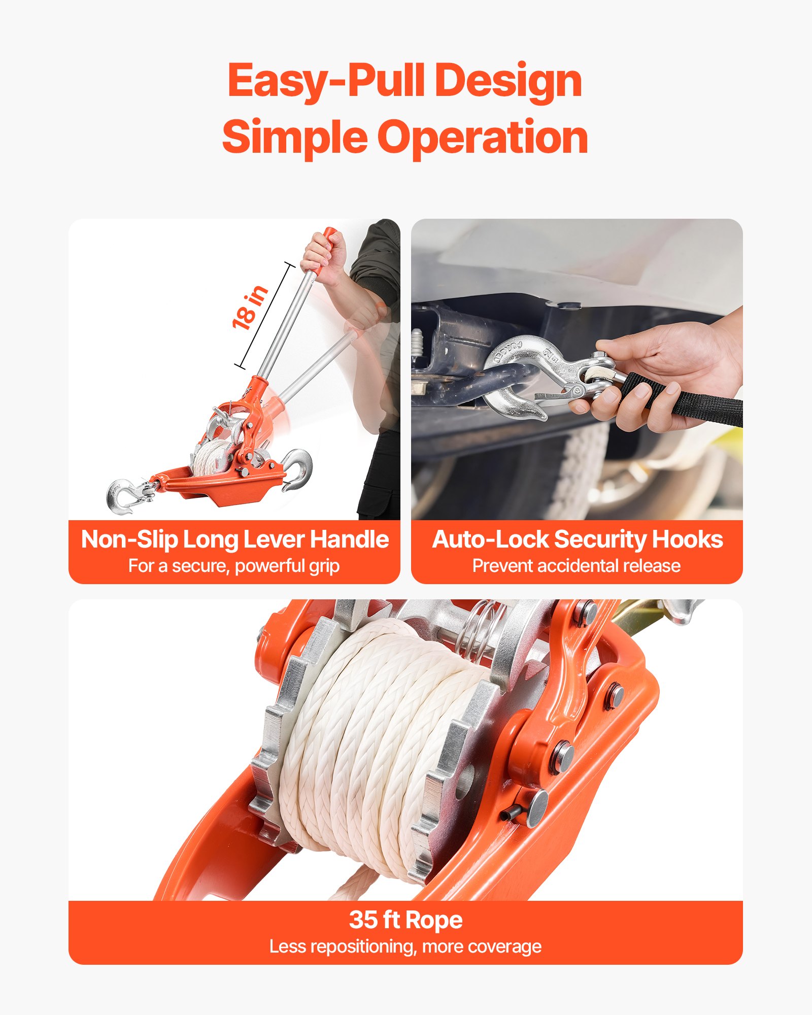 VEVOR Rope Puller, 3 Ton Pulling Capacity, Heavy Duty Ratchet Power Puller Tool with 10.7 m of 8 mm Diameter Rope and 2 Hooks, Come Along Winch for Tree Felling, Moving Boats, Road Recovery