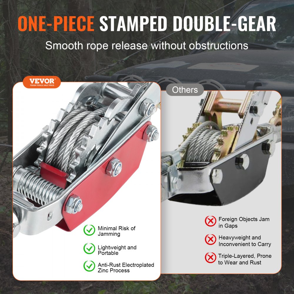 VEVOR Come Along Winch, 4 Ton (8,818 lbs) Pulling Capacity, 10 ft Steel Cable, 3 Hooks, Heavy Duty Ratchet Power Puller Tool with Dual Gears, Automotive Hoist Cable Puller Ideal for Vehicle Rescue