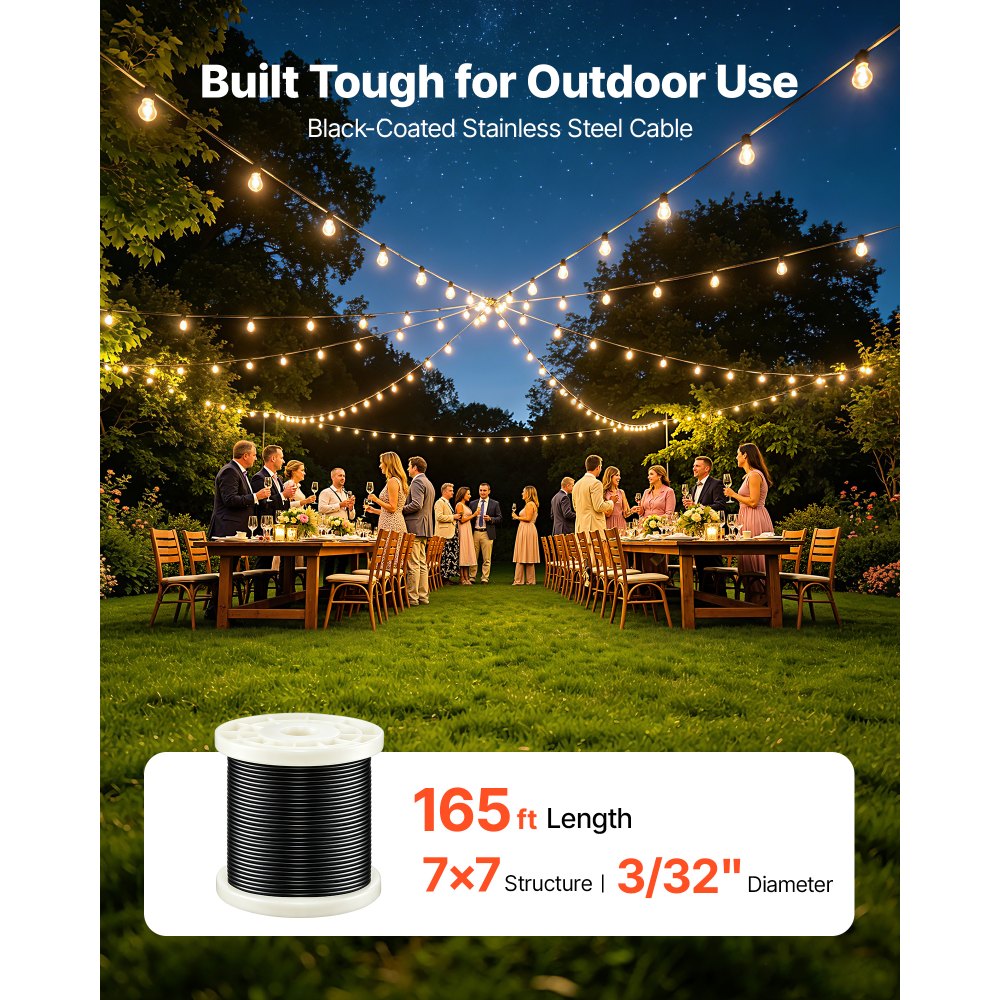 VEVOR 3/32 Inch Wire Rope Kit, 165 ft Length, 304 Stainless Steel Wire Cable, 450 lbs Breaking Strength, 7 x 7 Strands Construction, Steel Cable for Deck Railing System, Garden Trellis, String Lights