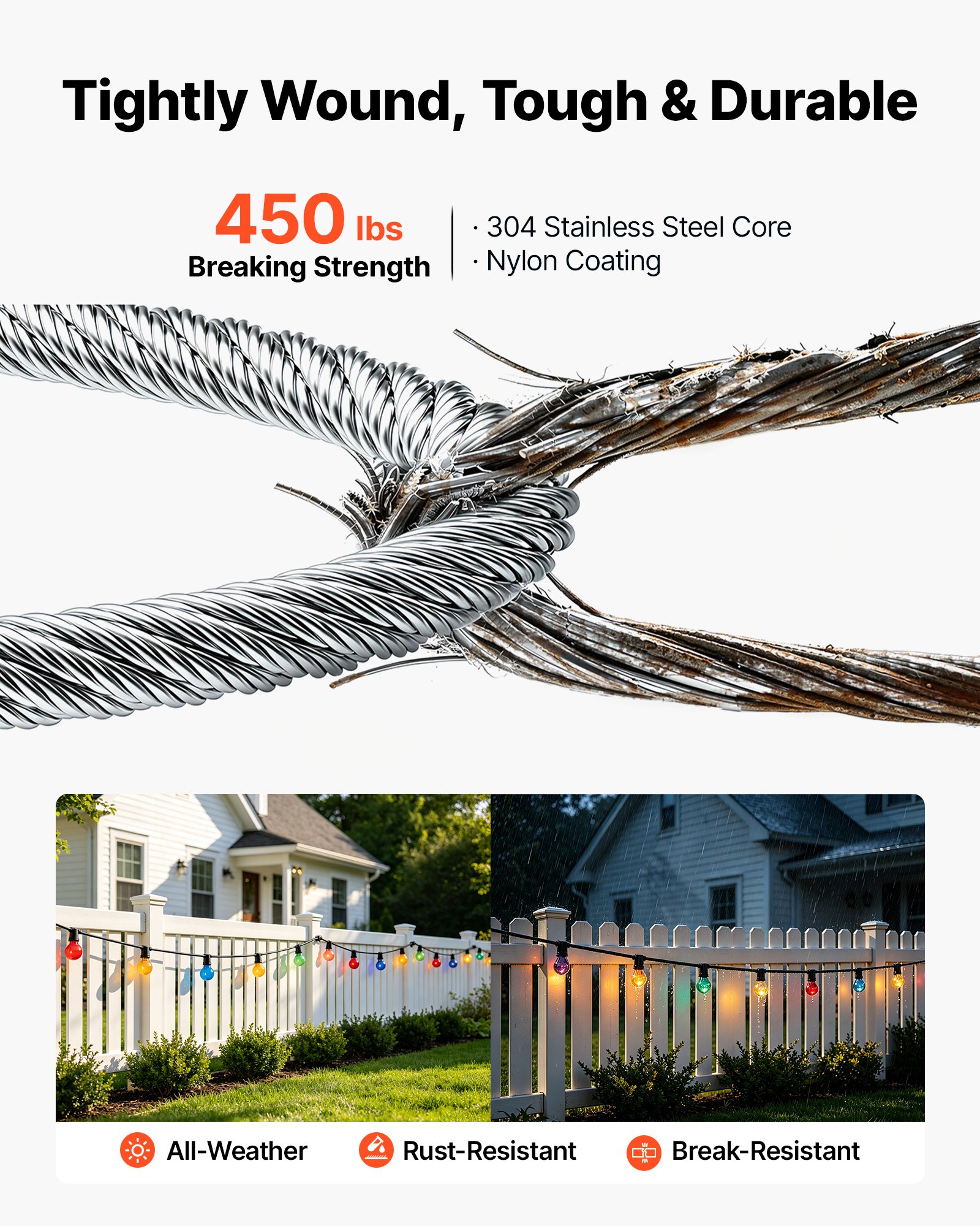 VEVOR 3/32 Inch Wire Rope Kit, 165 ft Length, 304 Stainless Steel Wire Cable, 450 lbs Breaking Strength, 7 x 7 Strands Construction, Steel Cable for Deck Railing System, Garden Trellis, String Lights