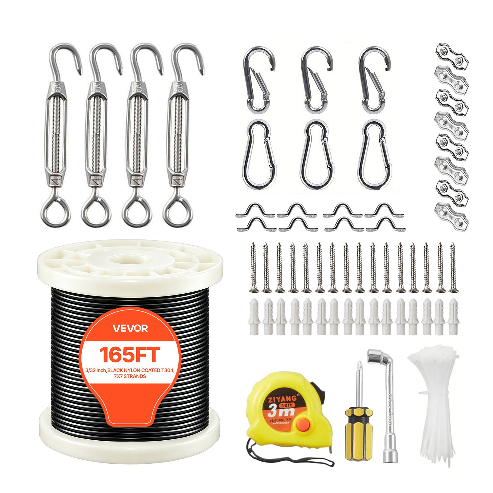 VEVOR 3/32 Inch Wire Rope Kit, 165 ft Length, 304 Stainless Steel Wire Cable, 450 lbs Breaking Strength, 7 x 7 Strands Construction, Steel Cable for Deck Railing System, Garden Trellis, String Lights