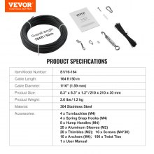 VEVOR Vinyl Coated Wire Rope Kit, 3/32 Cable Through 1/16 Diameter Stainless Steel, 7x7 Strands Construction with 189 Accessories for String Lights, Clothesline, Vine, 416 cm Black