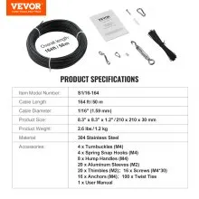 VEVOR Vinyl Coated Wire Rope Kit, 3/32 Cable Through 1/16 Diameter Stainless Steel, 7x7 Strands Construction with 189 Accessories for String Lights, Clothesline, Vine, 164 ft Black