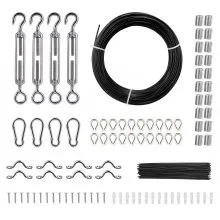 VEVOR Vinyl Coated Wire Rope Kit, 3/32 Cable Through 1/16 Diameter Stainless Steel, 7x7 Strands Construction with 189 Accessories for String Lights, Clothesline, Vine, 164 ft Black
