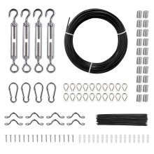 VEVOR Vinyl Coated Wire Rope Kit, 3/32 Cable Through 1/16 Diameter Stainless Steel, 7x7 Strands Construction with 189 Accessories for String Lights, Clothesline, Vine, 164 ft Black